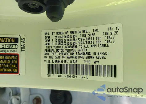 2015 Honda Cr-V Touring z USA, uszkodzony, nr VIN 5J6RM4H92FL116338